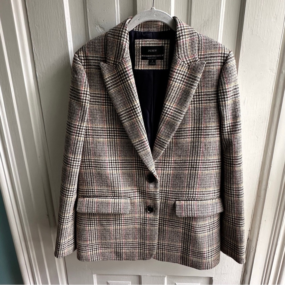J. Crew Checkered Blazer in Black, Gray, and Cream